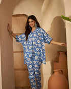 Viona Blue & White Floral Printed Shirt and Trouser Co-ord Set