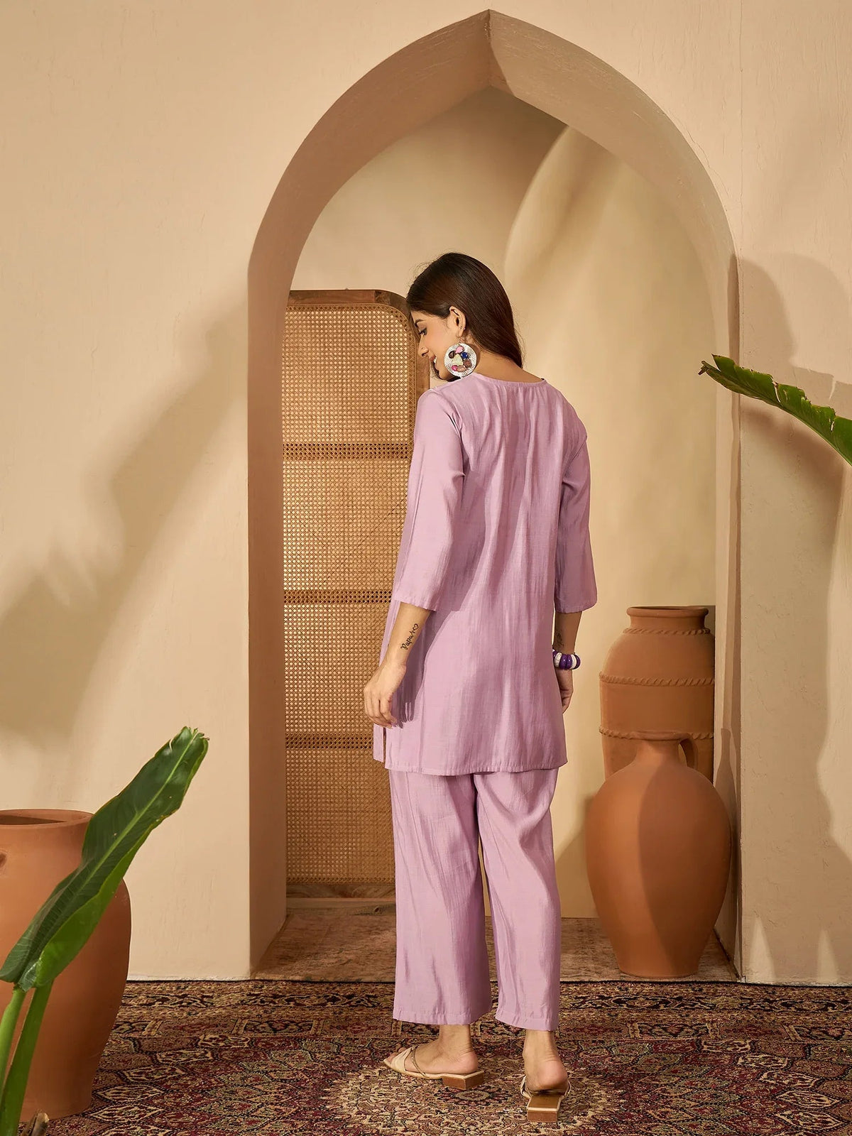 Aarza Embroidered V-Neck Tunic with Trouser Co-ord Set - aunlabel