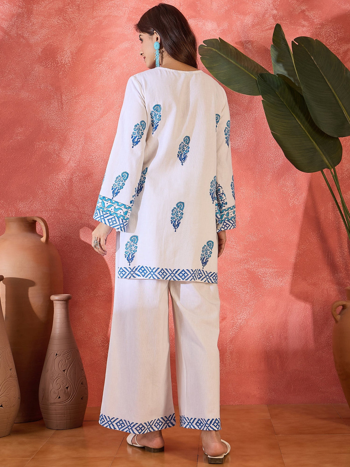 Nilaya Blue Block Printed Pure Cotton Tunic & Trousers Co-Ord Set