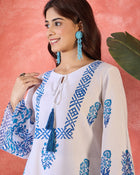 Nilaya Blue Block Printed Pure Cotton Tunic & Trousers Co-Ord Set