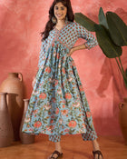 Sage Bloom Floral Printed & Embroidered Pure Cotton Anarkali Kurta with Trouser & Dupatta