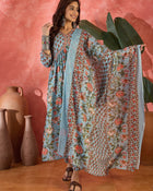 Sage Bloom Floral Printed & Embroidered Pure Cotton Anarkali Kurta with Trouser & Dupatta