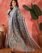 Sage Bloom Floral Printed & Embroidered Pure Cotton Anarkali Kurta with Trouser & Dupatta