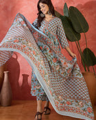 Sage Bloom Floral Printed & Embroidered Pure Cotton Anarkali Kurta with Trouser & Dupatta