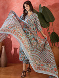 Sage Bloom Floral Printed & Embroidered Pure Cotton Anarkali Kurta with Trouser & Dupatta