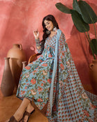 Sage Bloom Floral Printed & Embroidered Pure Cotton Anarkali Kurta with Trouser & Dupatta