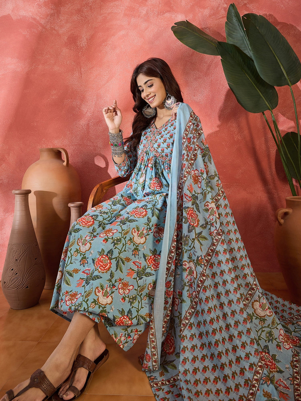 Sage Bloom Floral Printed & Embroidered Pure Cotton Anarkali Kurta with Trouser & Dupatta