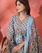 Sage Bloom Floral Printed & Embroidered Pure Cotton Anarkali Kurta with Trouser & Dupatta
