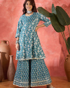 Crystal Wave Turquoise Pure Cotton Printed Kurta Sharara Set with Dupatta