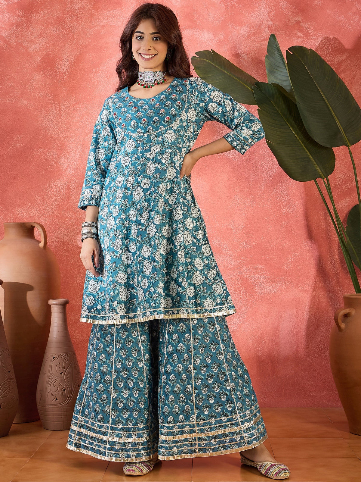 Crystal Wave Turquoise Pure Cotton Printed Kurta Sharara Set with Dupatta