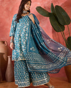 Crystal Wave Turquoise Pure Cotton Printed Kurta Sharara Set with Dupatta