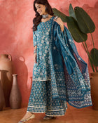 Crystal Wave Turquoise Pure Cotton Printed Kurta Sharara Set with Dupatta