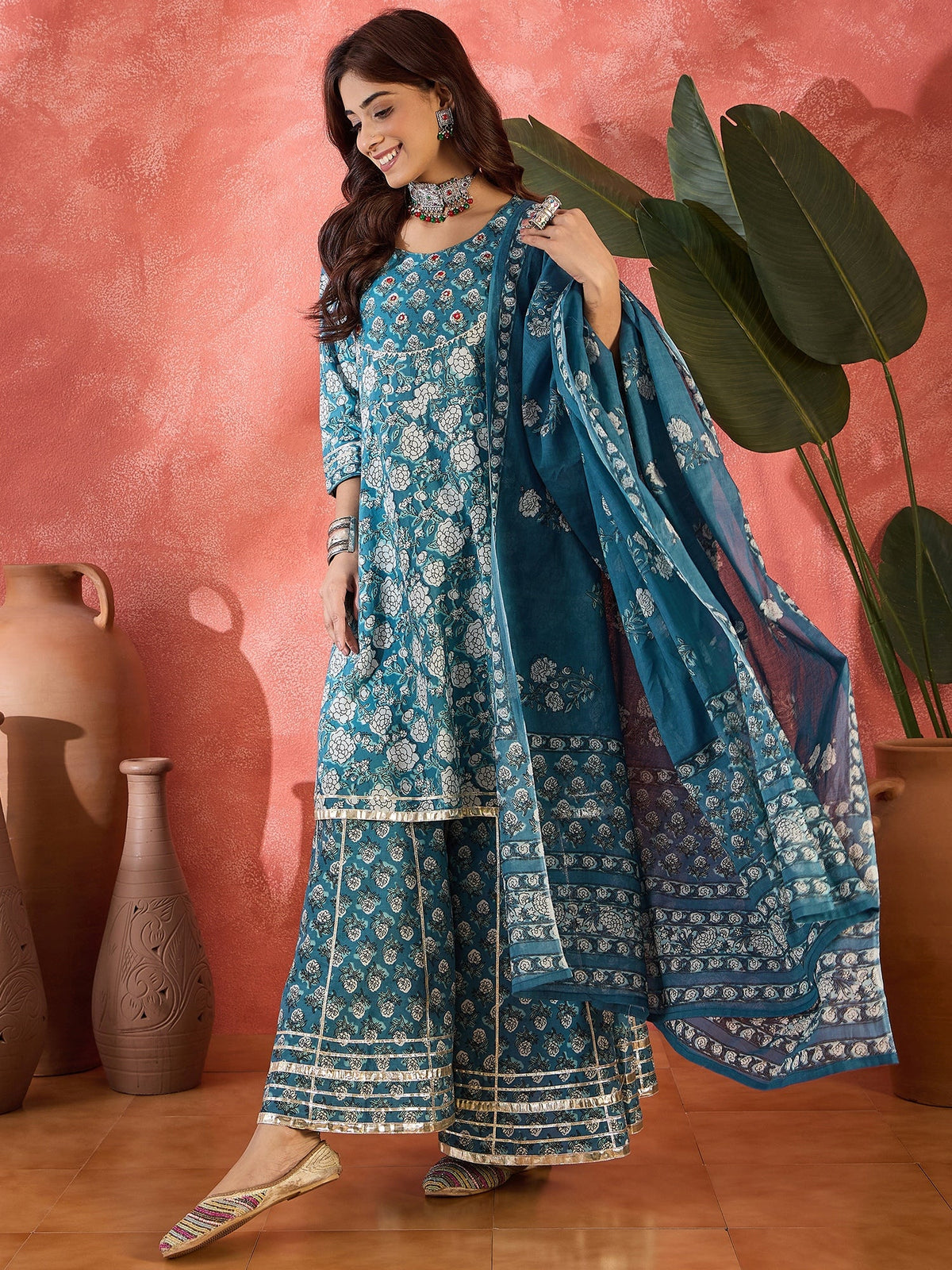 Crystal Wave Turquoise Pure Cotton Printed Kurta Sharara Set with Dupatta
