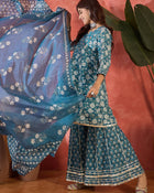 Crystal Wave Turquoise Pure Cotton Printed Kurta Sharara Set with Dupatta