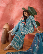 Crystal Wave Turquoise Pure Cotton Printed Kurta Sharara Set with Dupatta