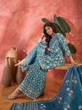 Crystal Wave Turquoise Pure Cotton Printed Kurta Sharara Set with Dupatta