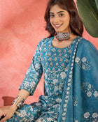 Crystal Wave Turquoise Pure Cotton Printed Kurta Sharara Set with Dupatta