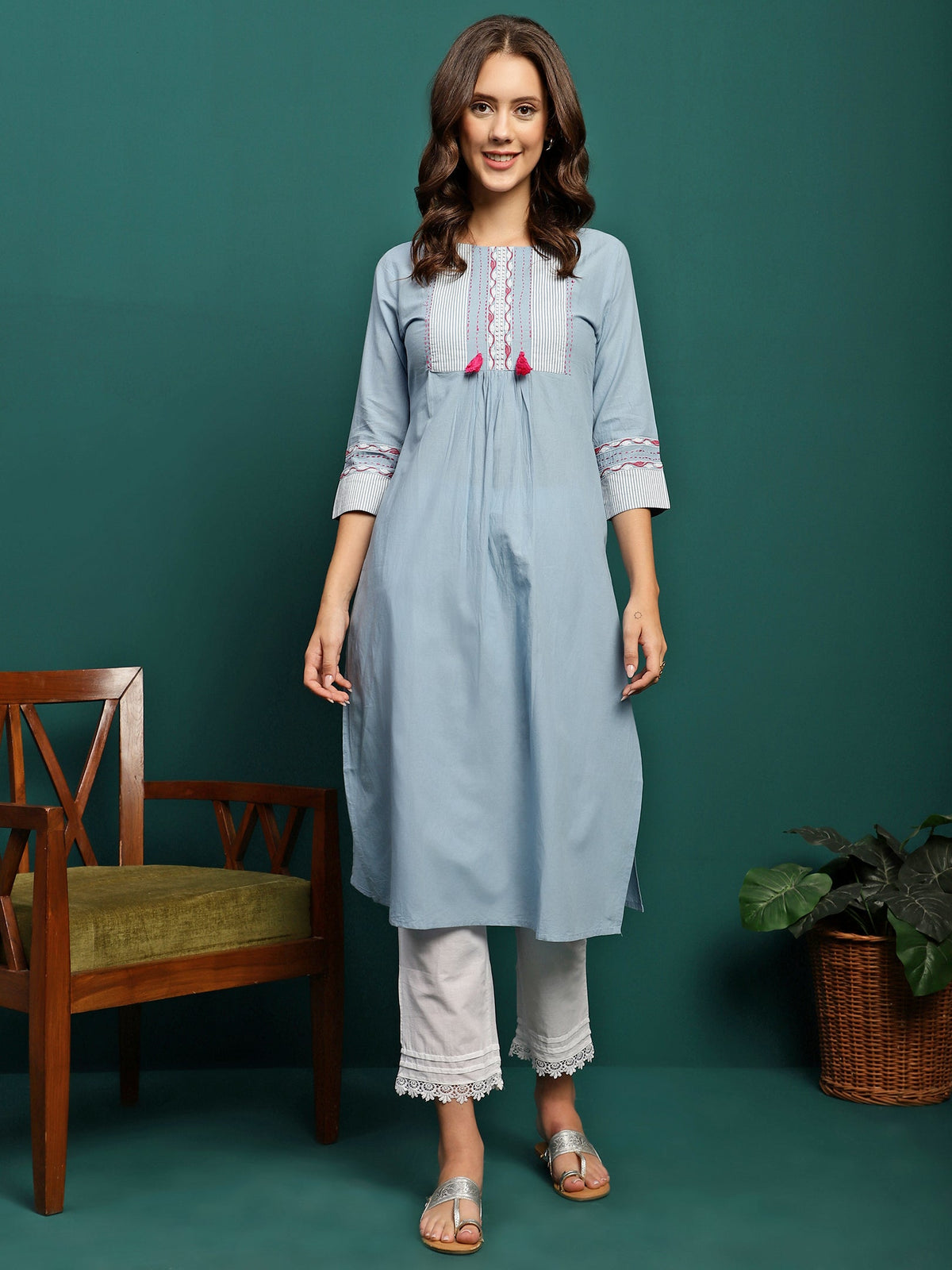 Embroidered Pure Cotton A-Line Kurta With Trouser Set