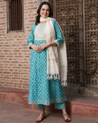 Ocean Mist Turquoise Cotton Printed Kurta Pant with Dupatta Set  Ethnic Wear for Women