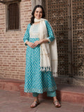 Ocean Mist Turquoise Cotton Printed Kurta Pant with Dupatta Set  Ethnic Wear for Women