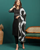 Noir Weave Geometric Yoke Pure Cotton Straight Kurta With Trouser & Dupatta
