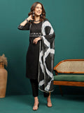 Noir Weave Geometric Yoke Pure Cotton Straight Kurta With Trouser & Dupatta