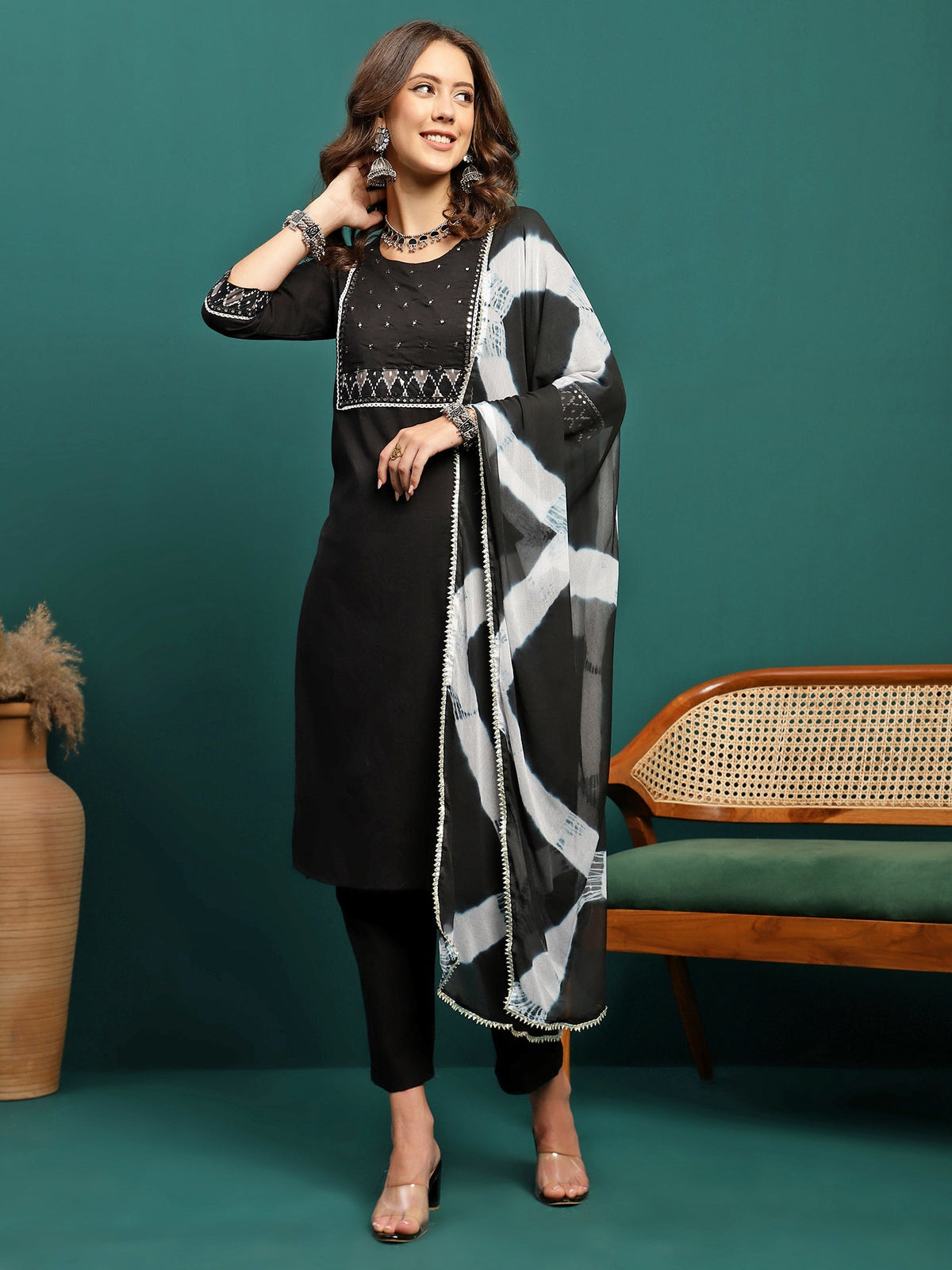 Noir Weave Geometric Yoke Pure Cotton Straight Kurta With Trouser & Dupatta