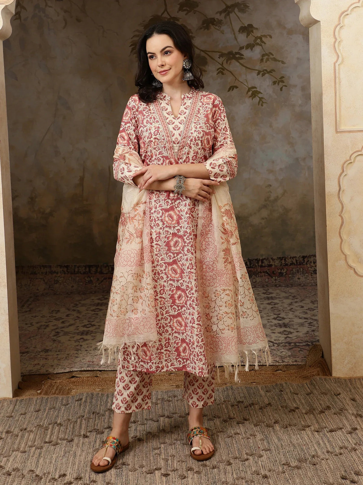 Amaira Floral Printed Straight Pure Cotton Kurta Set with Trousers & Dupatta - aunlabel