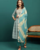 Gleam Garden Floral Printed Pleated Mirror Work A-Line Kurta With Trouser & Dupatta