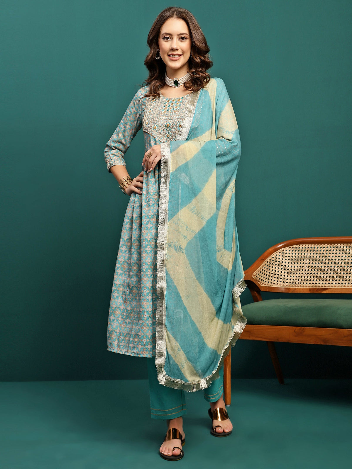 Gleam Garden Floral Printed Pleated Mirror Work A-Line Kurta With Trouser & Dupatta