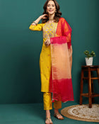 Golden Thread Embroidered Round-Neck Straight Kurta With Trousers & Dupatta