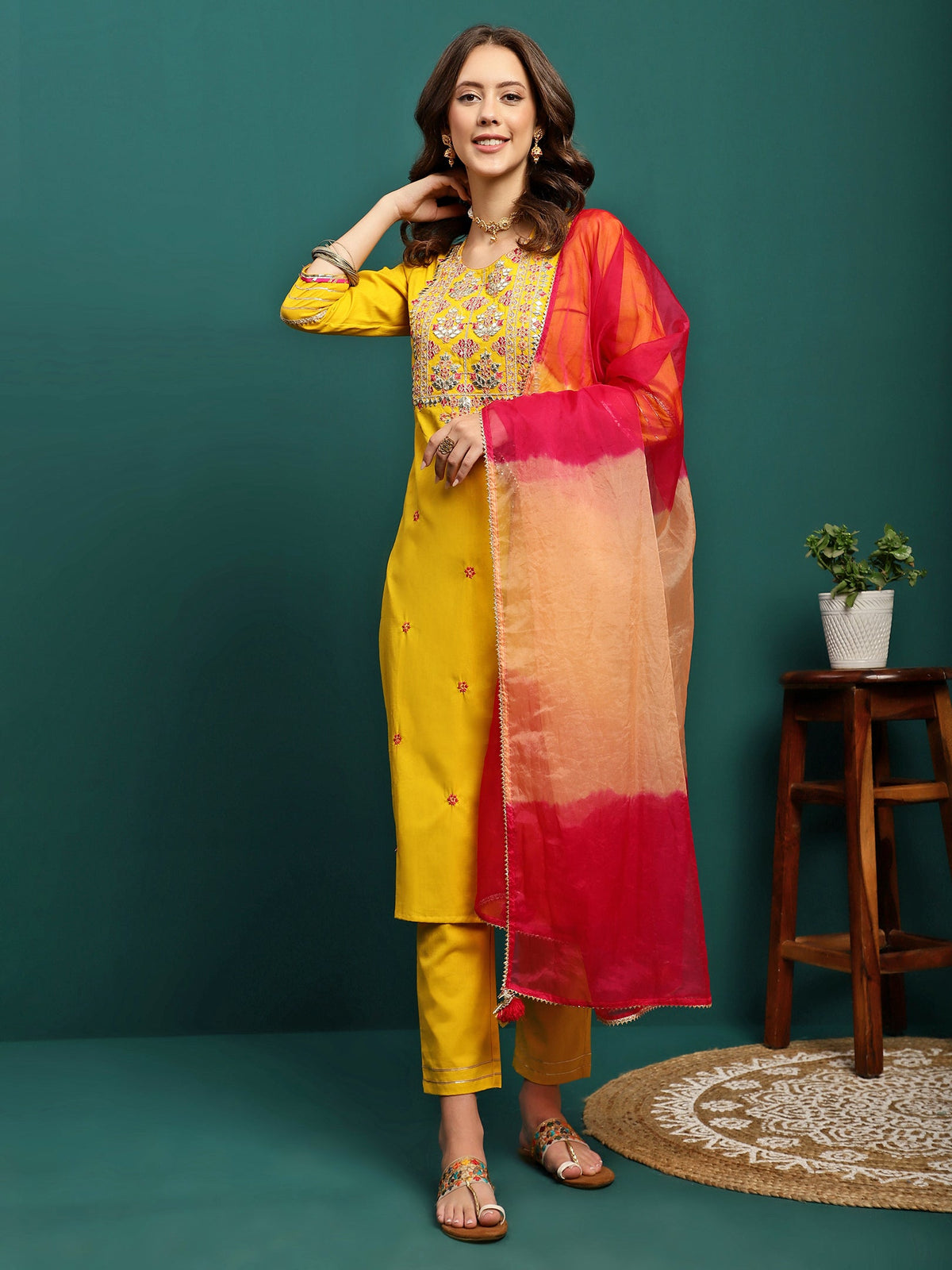 Golden Thread Embroidered Round-Neck Straight Kurta With Trousers & Dupatta