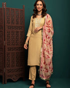 Lunar Taupe Embroidered Straight Kurta Pant with Dupatta Set