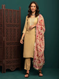 Lunar Taupe Embroidered Straight Kurta Pant with Dupatta Set