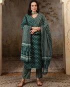 Meher Floral Printed Mirror Work Pure Cotton Straight Kurta Set with Trousers & Dupatta