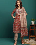 Ruby Harvest Printed Pure Cotton Kurta With Trouser & Dupatta Set