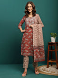 Ruby Harvest Printed Pure Cotton Kurta With Trouser & Dupatta Set