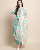 Aqua Bloom Floral Printed Kurta Pant Dupatta Set