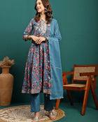 Celeste Grace Printed Pure Cotton A-Line Kurta Pant with Dupatta Set