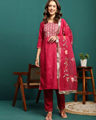 Aurora Thread Floral Embroidered Round-Neck Straight Kurta With Trousers & Dupatta