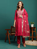 Aurora Thread Floral Embroidered Round-Neck Straight Kurta With Trousers & Dupatta