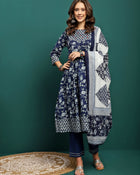 Printed Pure Cotton Anarkali Kurta With Trouser & Dupatta Set