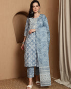 Heritage Hues Ethnic Motifs Printed Pure Cotton Straight Kurta & Trousers With Dupatta