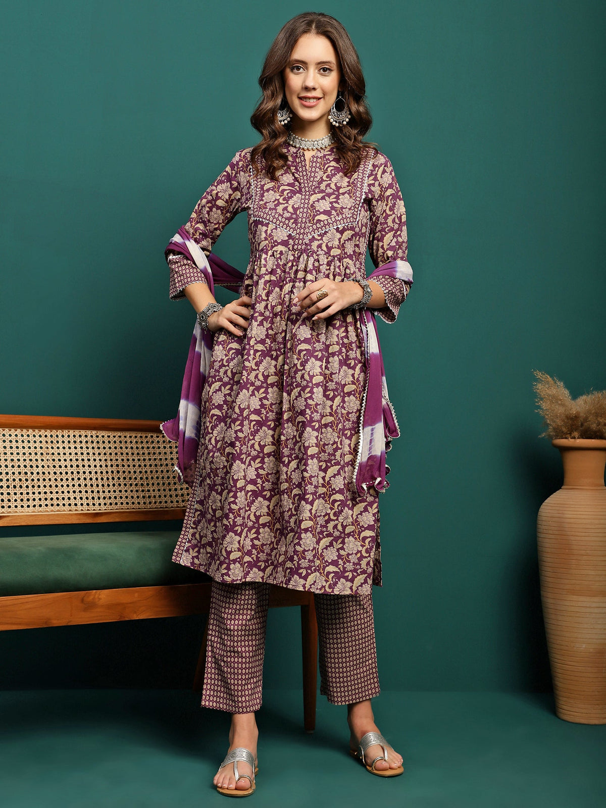 Amethyst Bloom Printed A-Line Kurta Pant with Dupatta Set