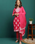 Rosy Veil Printed Pure Cotton Straight Kurta With Trouser & Dupatta Set
