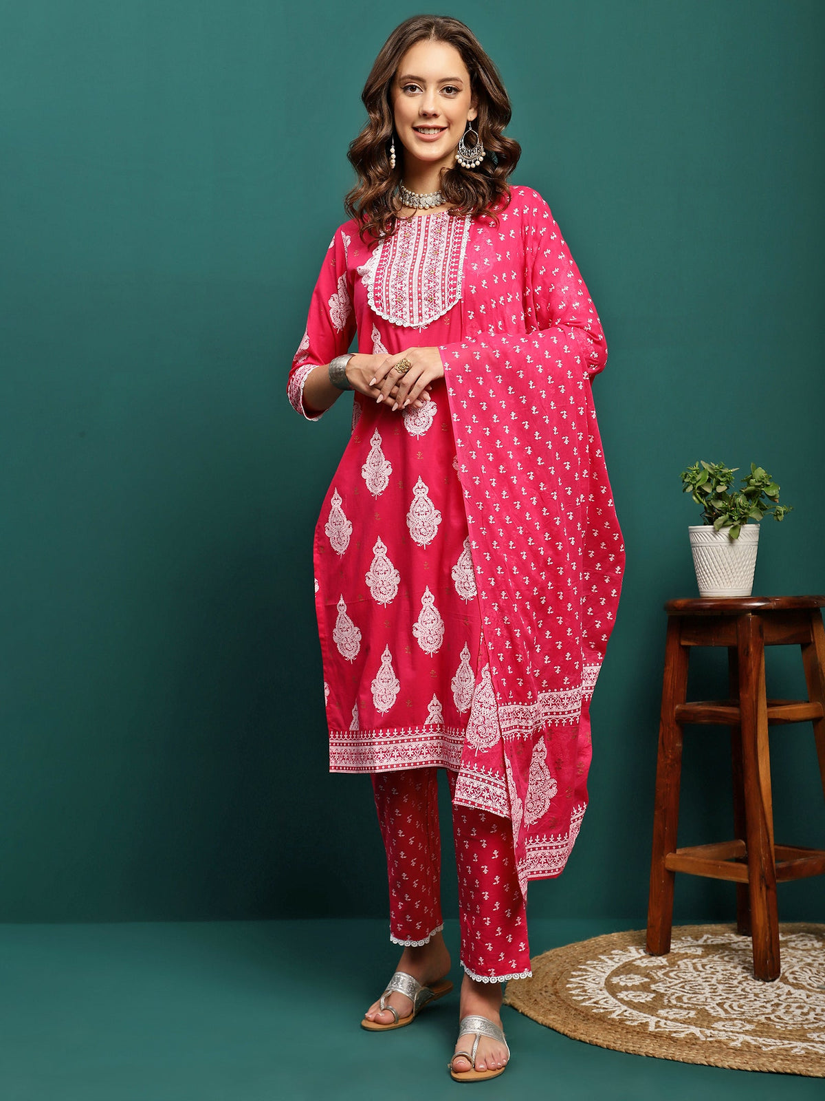 Rosy Veil Printed Pure Cotton Straight Kurta With Trouser & Dupatta Set