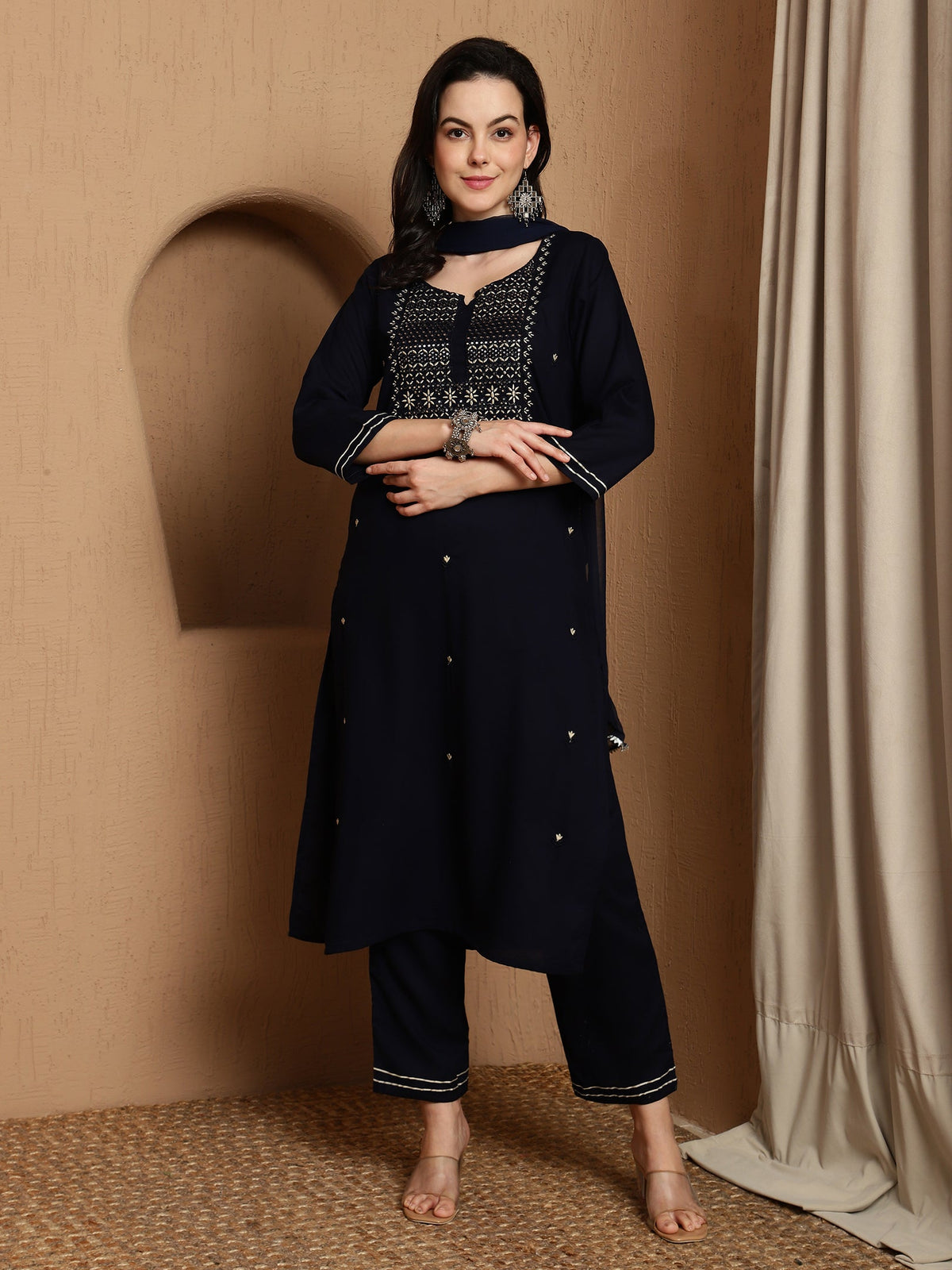 Olive Gleam Embroidered Viscose Rayon Kurta Set with Dupatta