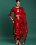 Scarlet Majesty Embroidered 3-Piece Kurta Trouser & Dupatta Set