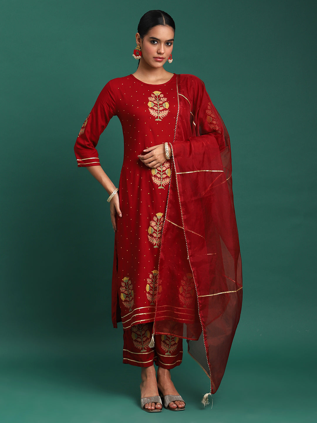 Scarlet Majesty Embroidered 3-Piece Kurta Trouser & Dupatta Set
