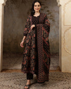 Inaya Black Floral Bead & Stone Work Cotton Anarkali Kurta Set with Dupatta